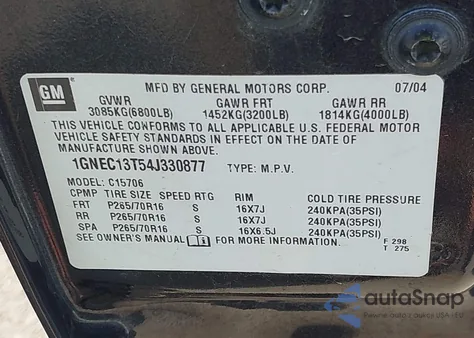 2004 Chevrolet Tahoe Ls from USA, damaged, VIN 1GNEC13T54J330877